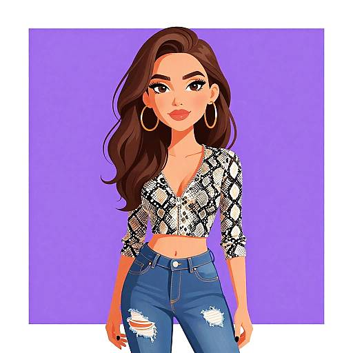 Digital illustration of a confident woman with long brown hair, wearing a snakeskin crop top and ripped blue jeans, large hoop earrings, against a purple background