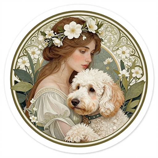 Digital illustration of a serene woman with long brown hair, white flower crown, and off-shoulder dress, tenderly holding a fluffy white dog amidst