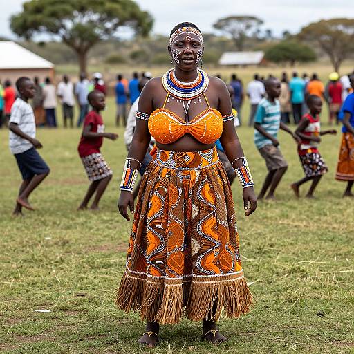 Photograph of an African woman in vibrant orange traditional dress with intricate patterns, beaded necklaces, and headgear, standing in a grassy field