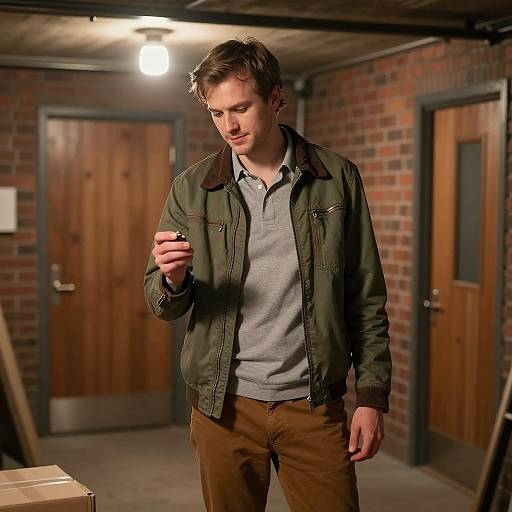Man in Green Jacket in Basement Setting