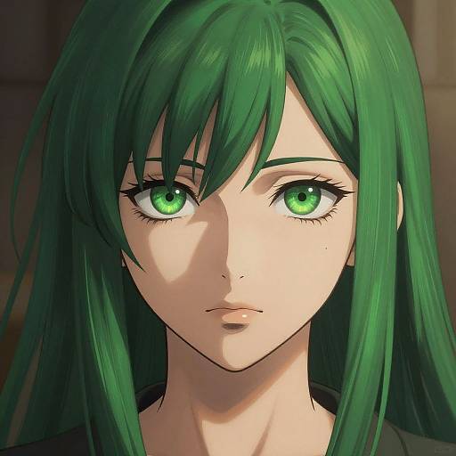 Digital anime-style portrait of a young woman with striking green eyes and long, vibrant green hair, featuring a neutral expression.