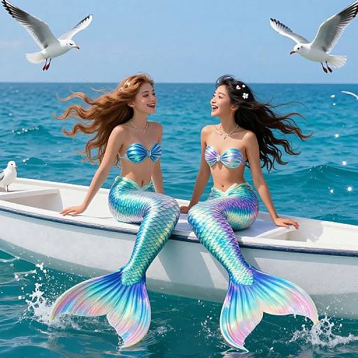 Photograph of two mermaids with blue-green iridescent tails, sitting on a white boat in turquoise ocean, laughing, with seagulls flying