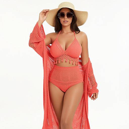 Photograph of a curvy woman in a bright coral crochet bikini and open cardigan, wearing a straw hat and sunglasses.