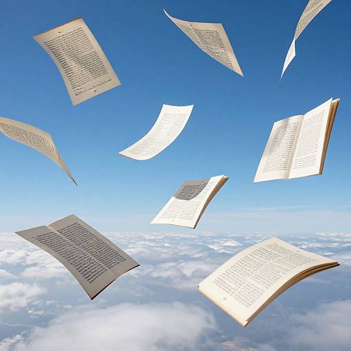 Photograph of paper documents floating in the bright blue sky above a cloud-covered landscape, creating a whimsical, dreamlike effect.
