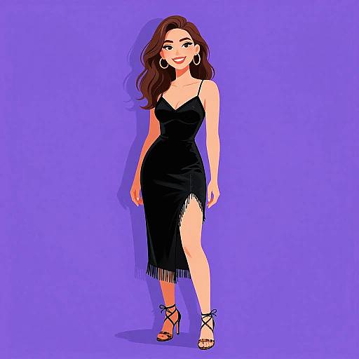 Digital illustration of a smiling woman with long brown hair, wearing a black fringe dress, hoop earrings, and high-heeled sandals, standing against a solid