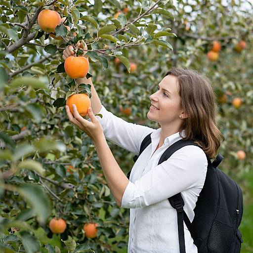 Smiling Woman Picking Vibrant Apples
