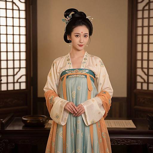 Photograph of an East Asian woman in traditional Korean hanbok, blue and orange with white floral patterns, standing in a wooden room with shoji
