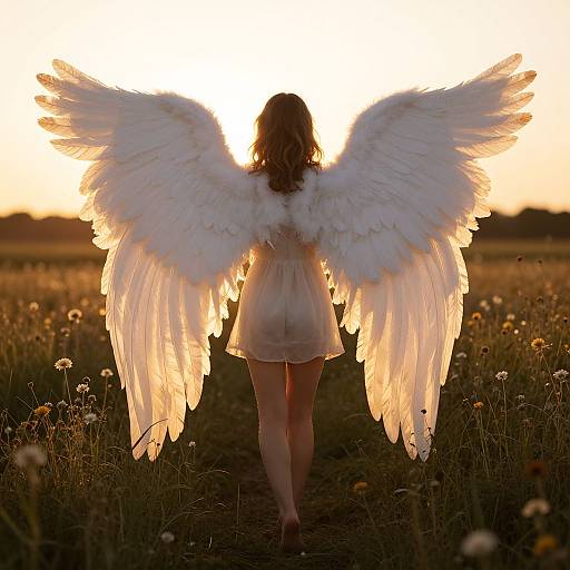 Photograph of a woman with large, white angel wings, backlit by a sunset, standing in a field of wildflowers.