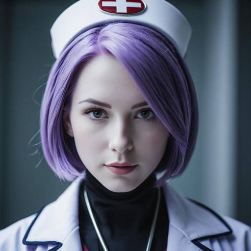 Purple-haired female nurse cosplay portrait