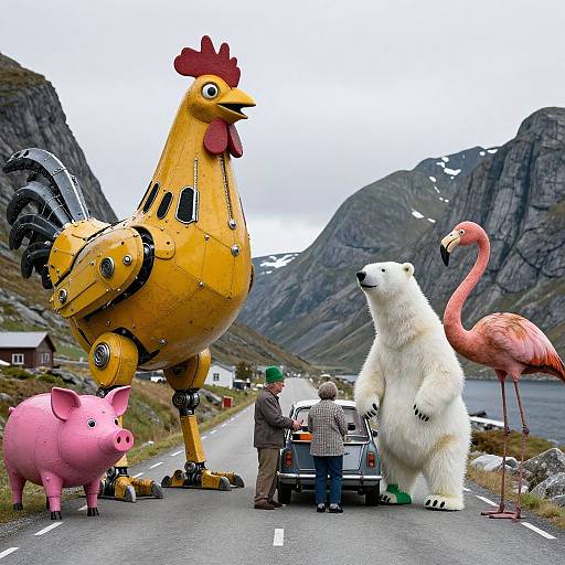 Photograph of a surreal roadside scene with a giant yellow rooster, pink pig, white polar bear, and pink flamingo standing beside parked cars on