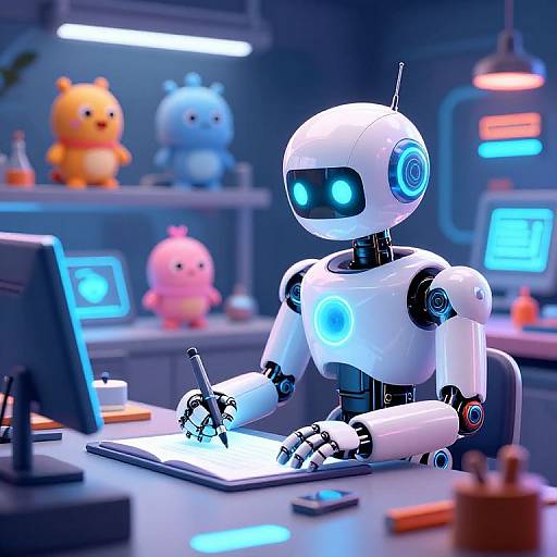 CGI image of a glowing blue-eyed white robot writing on a tablet in a futuristic office with colorful plush toys and monitors.