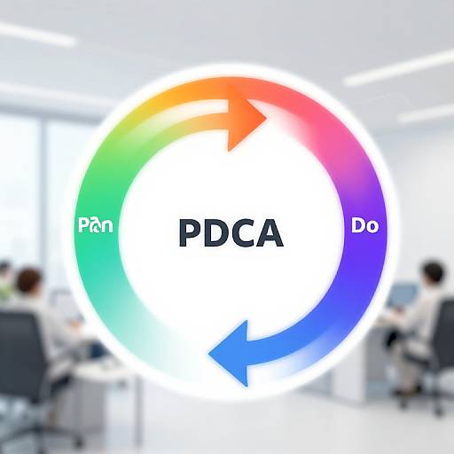 Photograph of a brightly lit office with blurred employees, featuring a colorful circular 