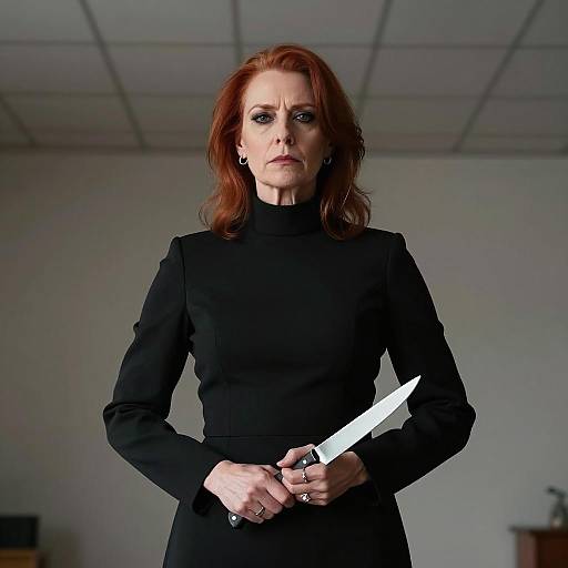 Stern Redhead in High-Collared Dress