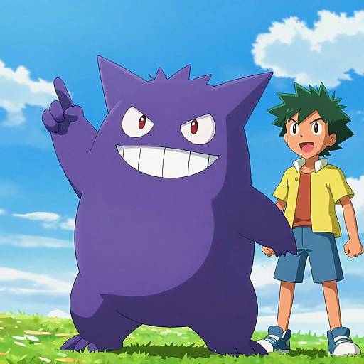 Anime-style drawing of Gengar, a purple ghost Pokémon with a mischievous grin, pointing up, and a green-haired boy in a yellow