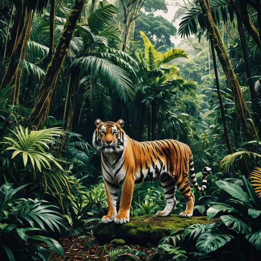 Ornate Bengal Tiger in Tropical Rainforest