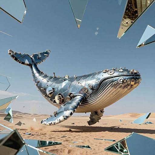 Photorealistic digital artwork of a metallic, steampunk-style blue whale with rivets and gears, soaring in a desert with shattered glass fragments floating