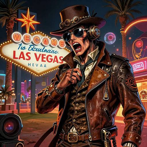 Digital artwork of a steampunk cowboy in a leather jacket and top hat, shouting in front of neon-lit Las Vegas sign. Bright, vibrant