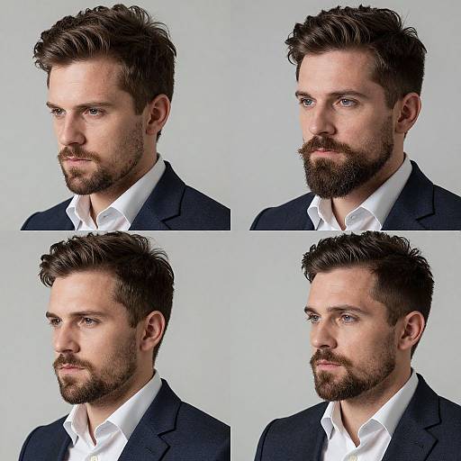 Photograph of a white man with brown hair, beard, blue eyes, wearing a dark suit and white shirt, shown in four different headshots against