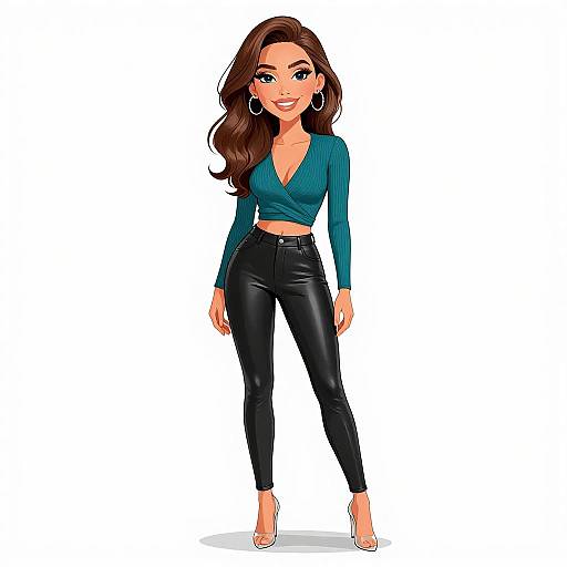 Digital illustration of a confident woman with long brown hair, teal blouse, black leather pants, hoop earrings, and nude heels.