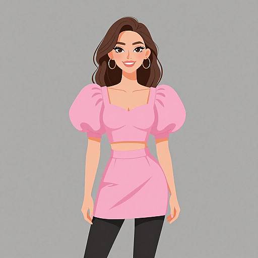 Digital illustration of a smiling woman with long brown hair, wearing a pink puffed-sleeve crop top and skirt, black pants, and large hoop