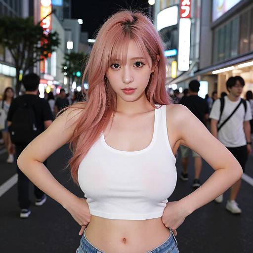 Photograph of a young Asian woman with pink hair, wearing a white crop top, hands on hips, standing in a brightly lit, bustling city street