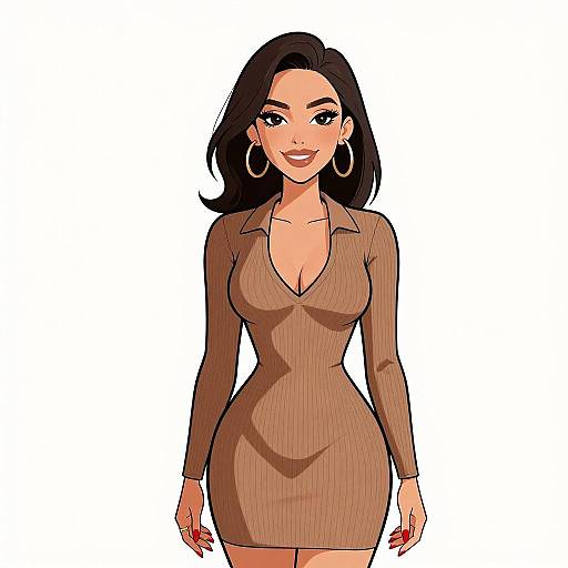 Digital illustration of a confident woman with long black hair, wearing a tight, brown, long-sleeve, deep V-neck dress, large hoop earrings