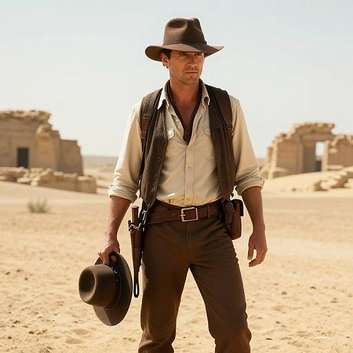 Photograph of a rugged, white man in a brown hat and vest, holding a hat, standing in a sunlit, desert ruins landscape. He