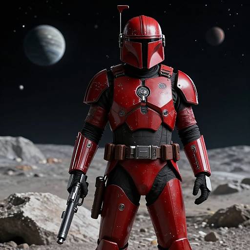 Digital artwork of a red-armored, helmeted space trooper standing on a rocky planet, holding a gun, with two planets in a starry