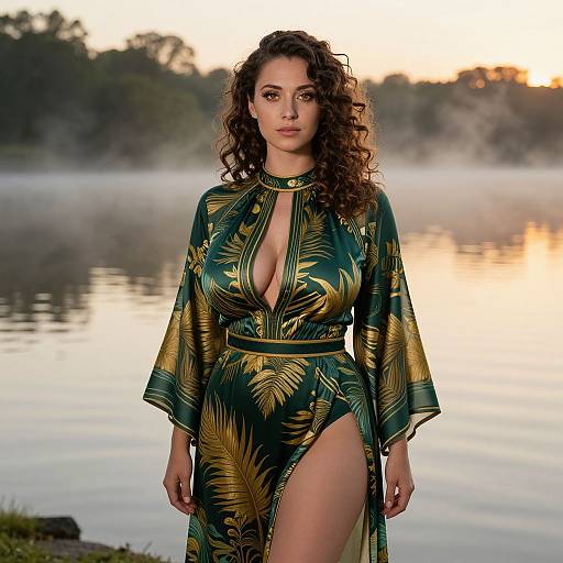 Photograph of a curly-haired woman in a deep green, gold-patterned, cleavage-revealing robe with high slit, standing by a mist