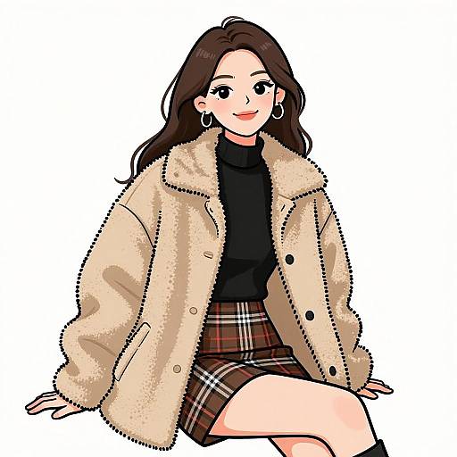 Digital illustration of a smiling woman with long brown hair, wearing a beige fur coat, black turtleneck, and plaid skirt, sitting against a