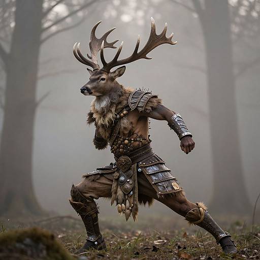 Photograph of a muscular anthropomorphic deer warrior with large antlers, wearing metal armor and fur, in a misty forest.
