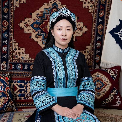 Photograph of an East Asian woman in traditional black and blue embroidered attire, sitting in front of colorful, patterned rugs.