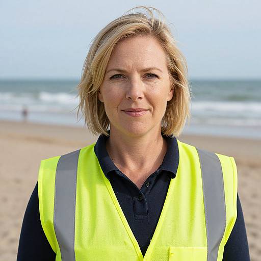 Photograph of a middle-aged blonde woman with shoulder-length hair, wearing a neon yellow safety vest over a black polo shirt, standing on a sandy beach