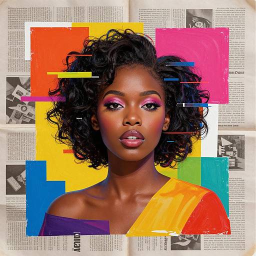 Photograph of a dark-skinned woman with curly black hair, vibrant pink and orange eyeshadow, bold lipstick, and colorful abstract background.