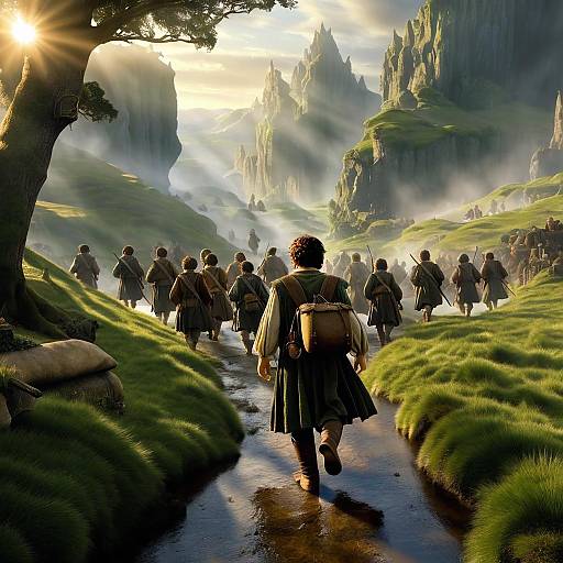 Frodo Baggins Leading Fellowship on Misty Path