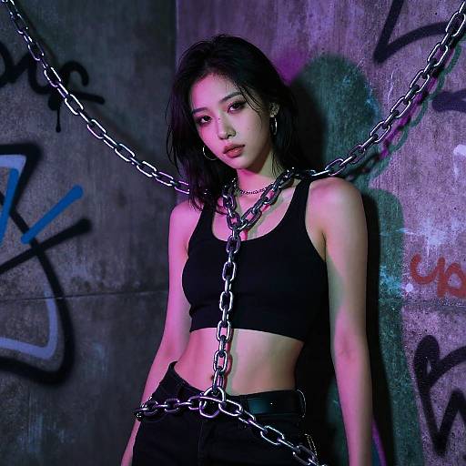 Photograph of an Asian woman with black hair, wearing a black crop top and pants, chained to a graffiti-covered concrete wall in dramatic purple and blue