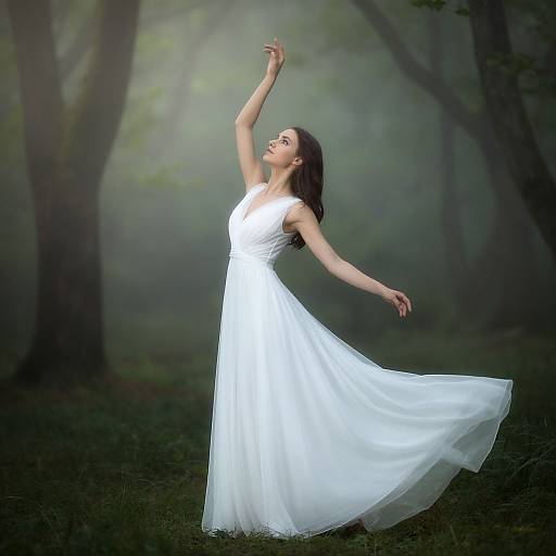 Photograph of a slender woman with long dark hair, wearing a flowing white dress, dancing gracefully in a misty forest.