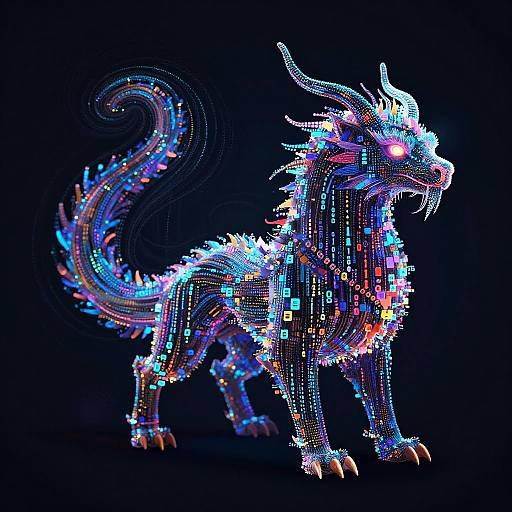 Neon digital artwork of a glowing, pixelated dragon with vibrant blue, purple, and red lights against a black background.