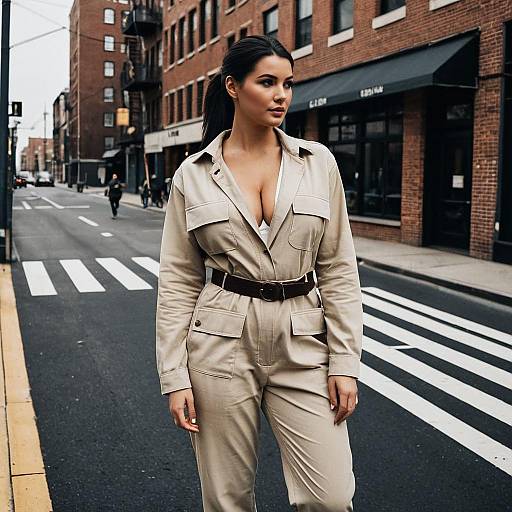 Woman in Beige Utility Jumpsuit on Urban Street