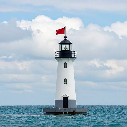 Photograph of a white lighthouse with black top and red flag, standing on a concrete platform in the ocean under a partly cloudy sky.