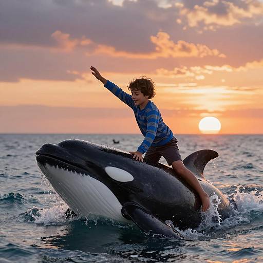 Boy Riding Orca Whale at Sunset