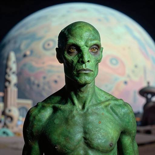 Photorealistic CGI of a muscular, green-skinned alien with yellow eyes, bald, and topless, standing in front of a colorful, detailed