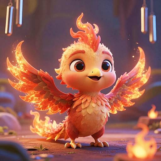 Cute, digital CGI cartoon bird-like creature with fiery red and orange feathers, large eyes, and small wings, standing in a glowing, cavernous