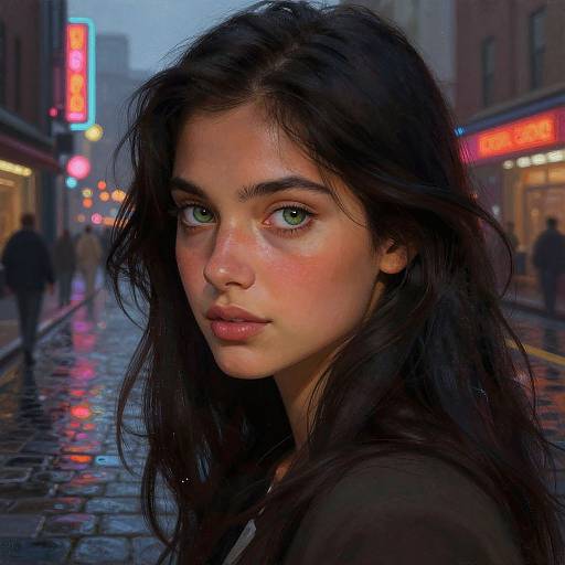 Photorealistic digital portrait of a young woman with green eyes, long dark hair, and fair skin, standing on a wet, neon-lit urban