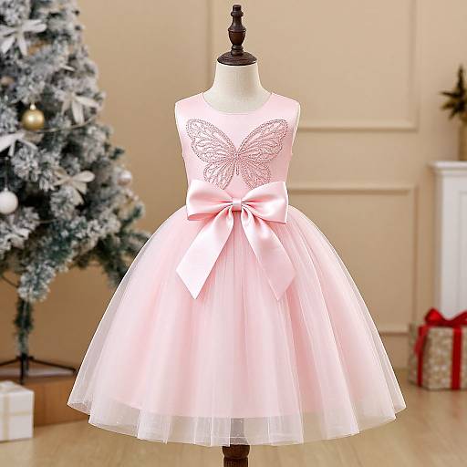 Photograph of a pink, sleeveless, butterfly-embroidered, knee-length dress with a large bow, displayed on a mannequin in