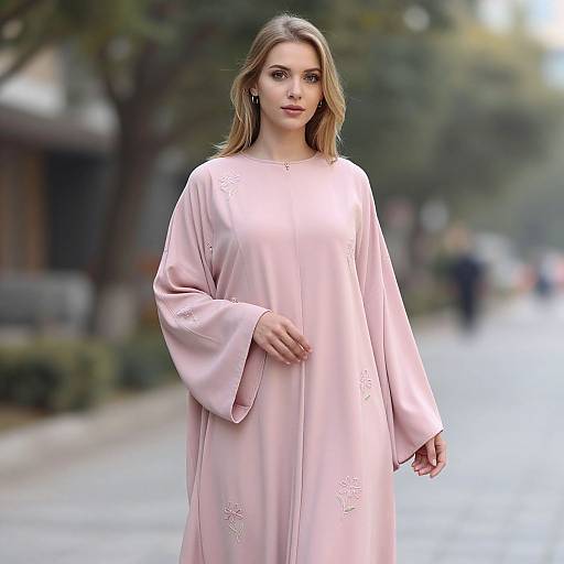 Blonde Woman in Pink Abaya Gown