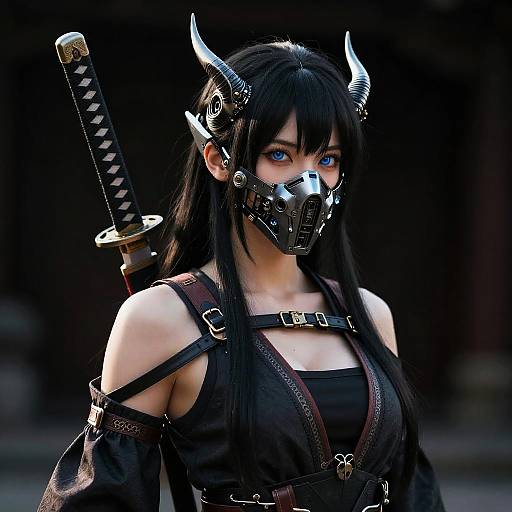 Cyberpunk Samurai Woman with Horns and Katana