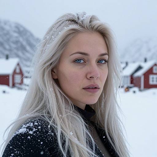 Photograph of a young blonde woman with blue eyes, fair skin, and snow-dusted hair, wearing a black coat, in a snowy, Nordic