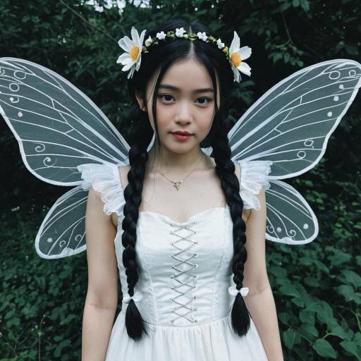 Young Woman in White Fairy Costume with Wings