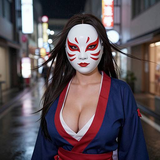 Photograph of a woman with long black hair, white mask with red markings, large breasts, deep cleavage, wearing a blue kimono with red